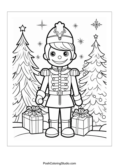 A nutcracker holds two gifts with a cheerful demeanor.
