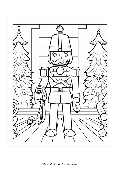 A nutcracker stands with a mustache and a joyful expression.