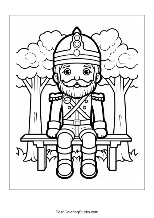 A nutcracker stands with a proud expression and a cane.