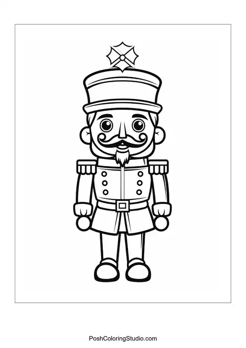 A nutcracker with a tall hat stands with a cheerful smile.