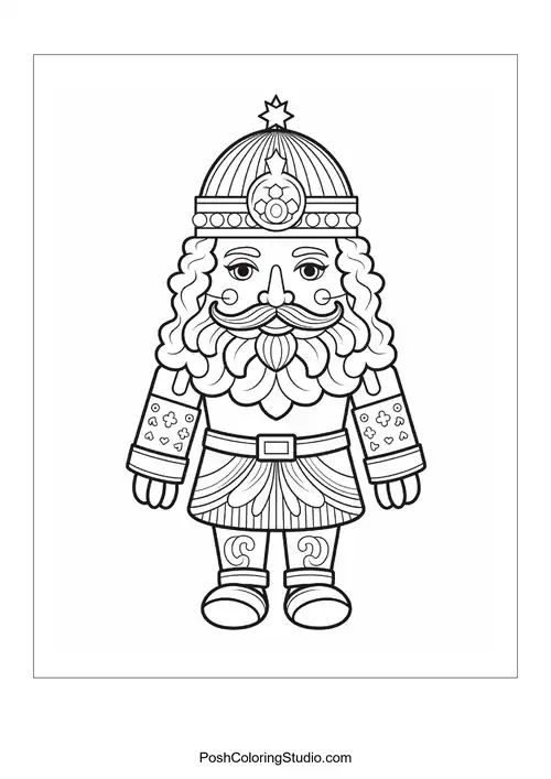 A nutcracker stands with a serious expression and a cane.