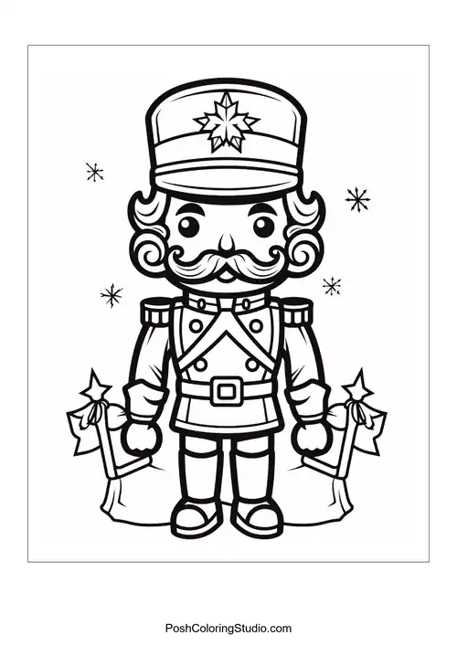 A nutcracker stands with a joyful expression and gifts.