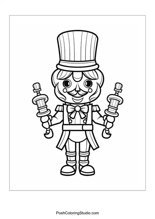 A nutcracker stands with a proud posture and a cane.