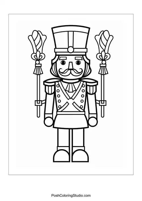 A nutcracker holding two ornate staffs with decorative tops.