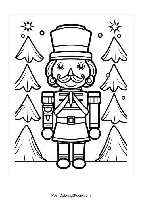 A nutcracker surrounded by Christmas trees and stars.