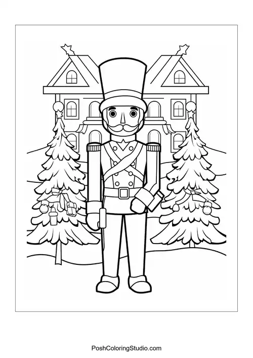 A nutcracker surrounded by presents and Christmas trees.