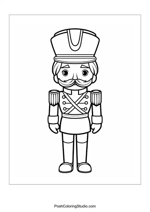 A nutcracker with a festive background of stars and trees.