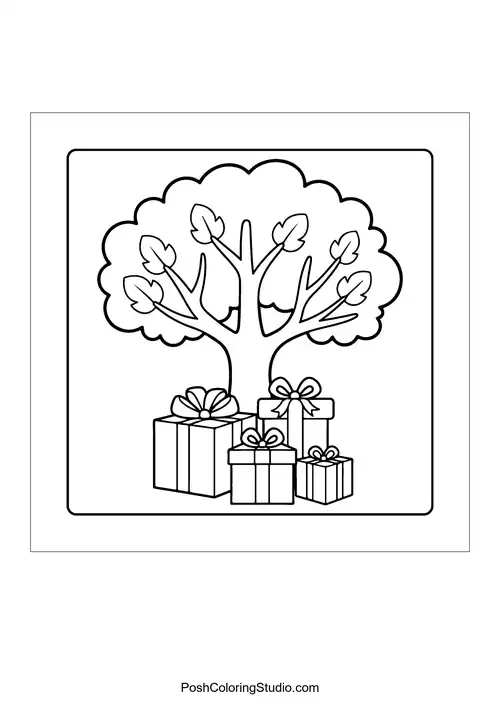 A tree with gifts at its base and a simple design.