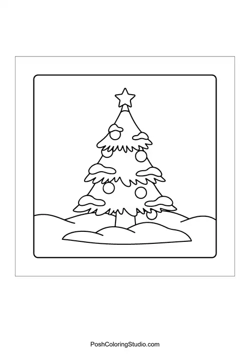 A Christmas tree standing on a snowy ground with ornaments.
