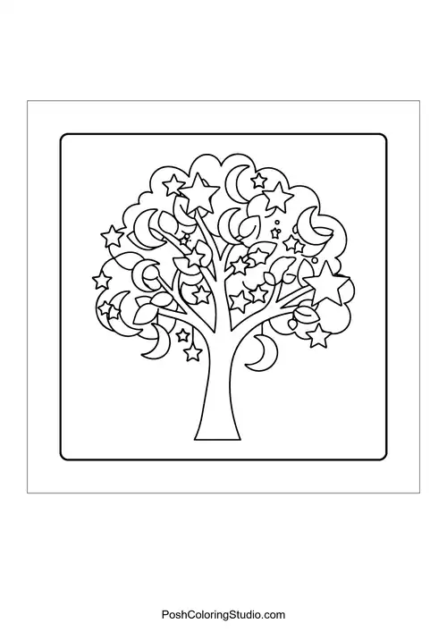 A whimsical tree decorated with stars and swirls.