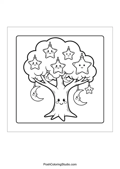 A cute tree with smiling stars and moons hanging from it.