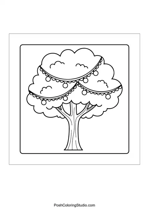 A tree draped with garlands and ornaments.