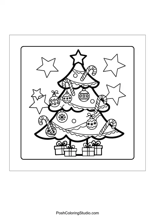 A Christmas tree decorated with bells and ornaments.