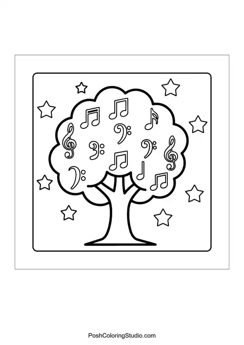 A tree with a playful design and smiling decorations.