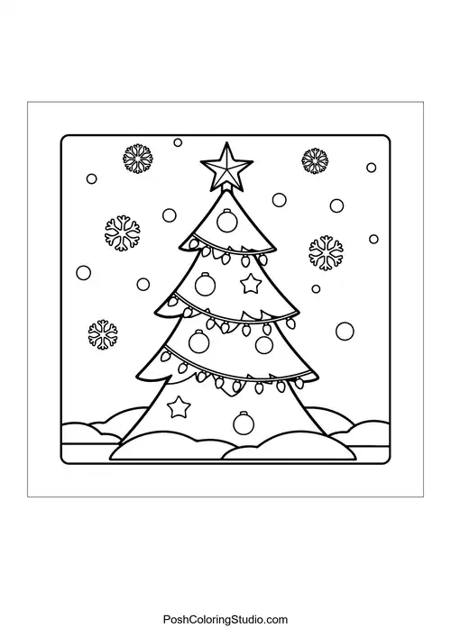 A Christmas tree surrounded by snowflakes and ornaments.