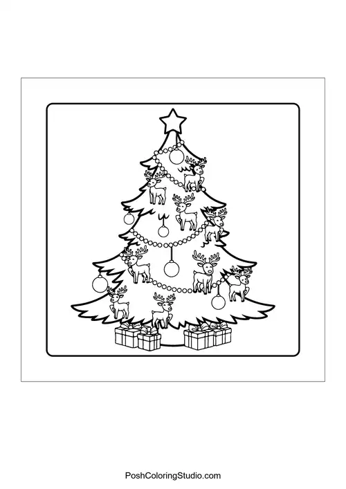 A Christmas tree adorned with reindeer and ornaments.