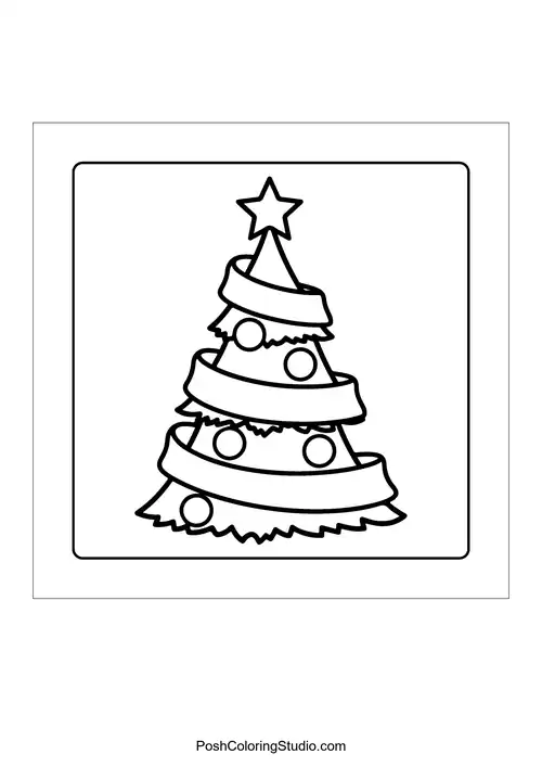 A Christmas tree with a ribbon and ornaments.