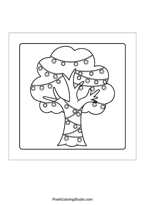 A whimsical tree decorated with lights and branches.