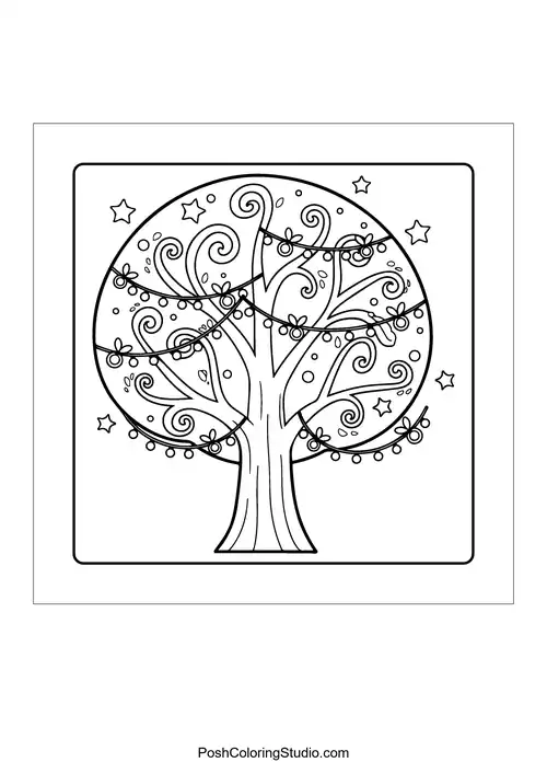A decorative tree with swirling branches and stars.