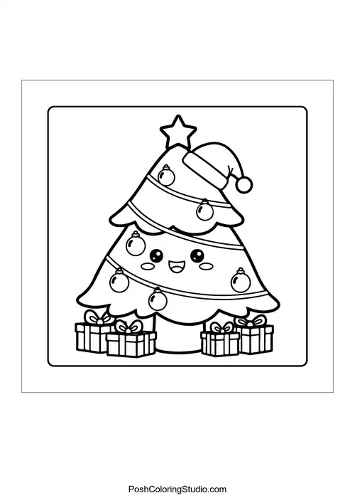A cheerful Christmas tree with a smiling face.