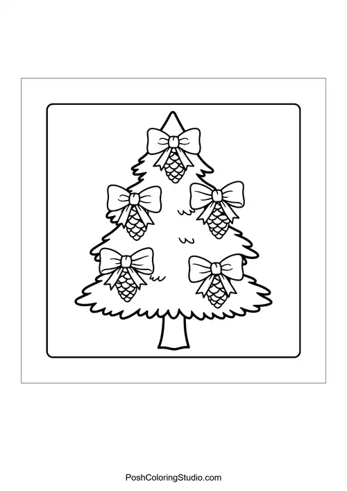 A Christmas tree decorated with pine cones and bows.