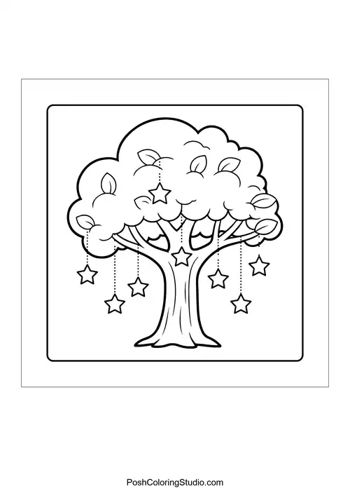 A tree with hanging stars and leaves.