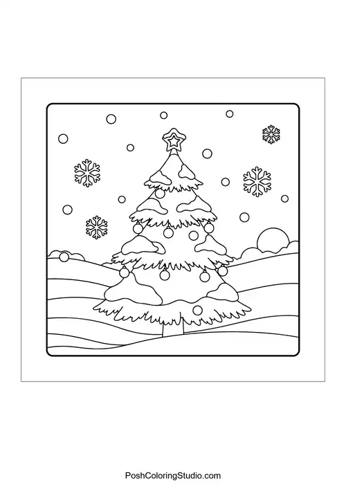 A snowy Christmas tree with ornaments and a star.