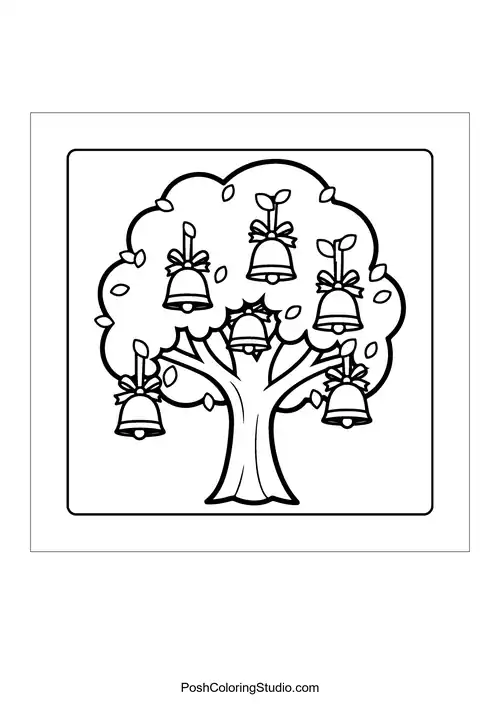 A tree with bells hanging from its branches.