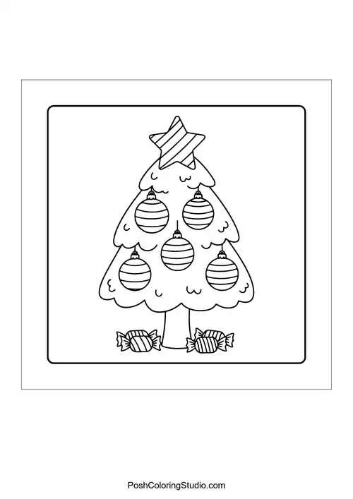 A Christmas tree with ornaments and candy at the base.