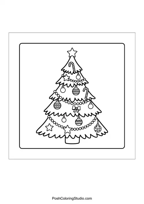 A decorated Christmas tree with ornaments and a star on top.