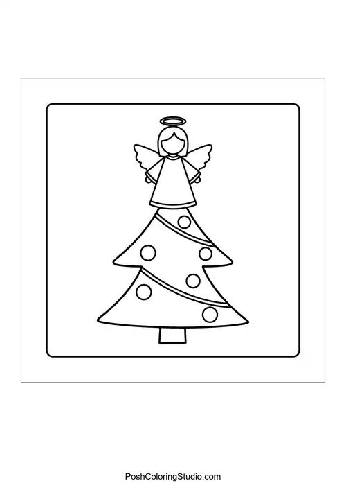 A Christmas tree topped with an angel and adorned with polka dots.