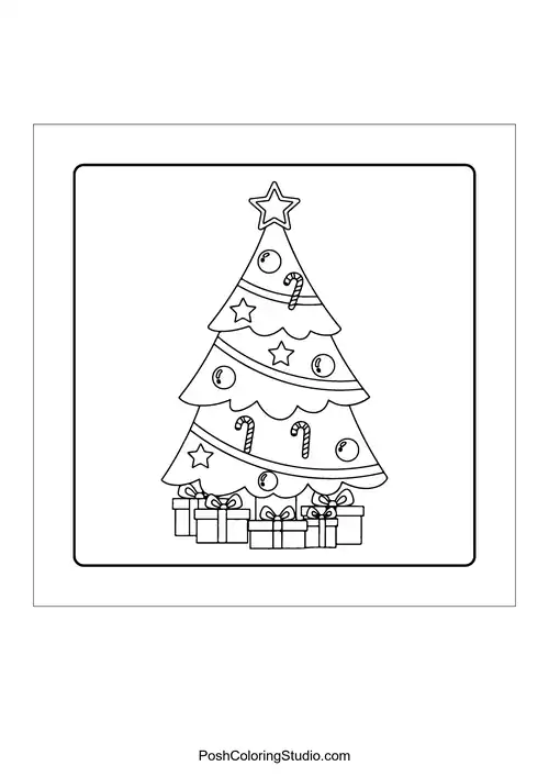 A Christmas tree surrounded by wrapped gifts and candy canes.