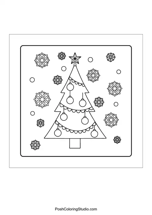 A Christmas tree with snowflakes and decorative baubles.