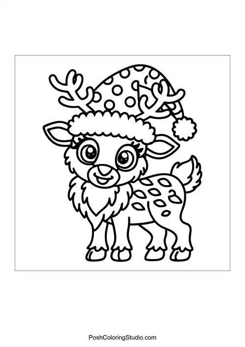 A reindeer with a festive hat and a bright smile.