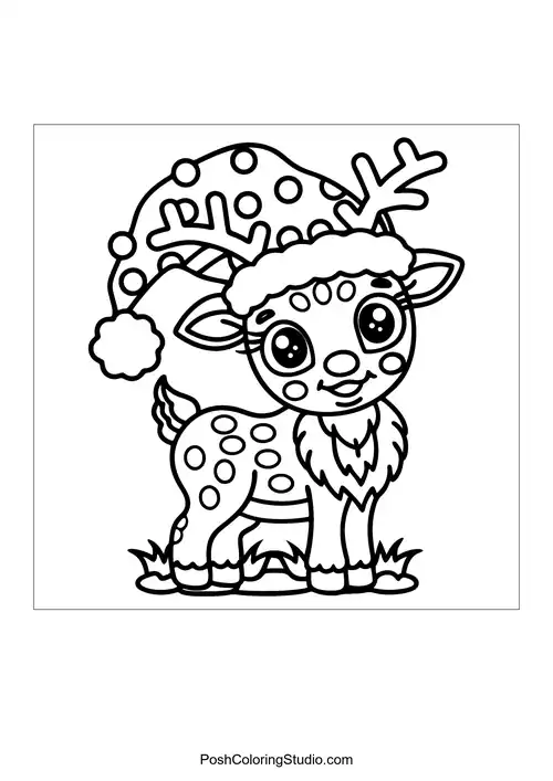 A reindeer with a patterned hat and joyful demeanor.