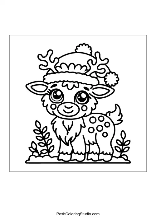 A cute reindeer wearing a festive hat with a fluffy pom-pom.