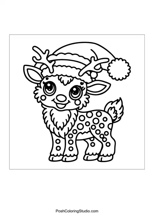A cheerful reindeer in a hat adorned with a fluffy pom-pom.
