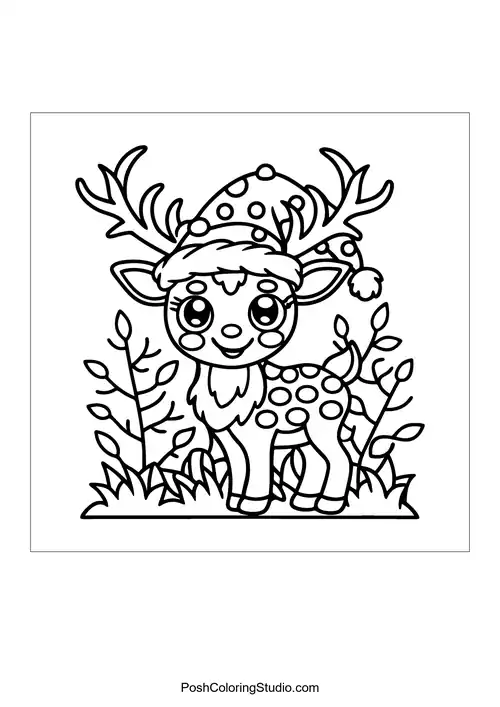 A reindeer with a patterned hat and large antlers.