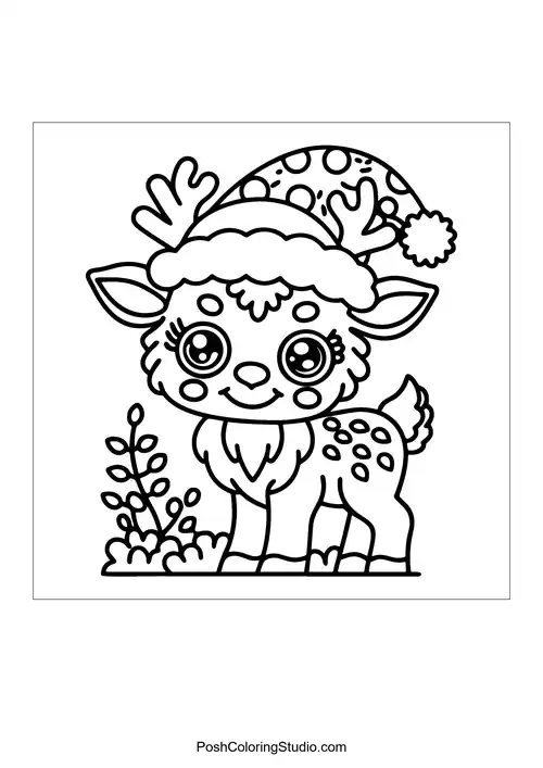 A smiling reindeer wearing a cozy hat with a pom-pom.