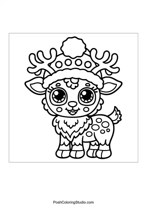 A playful reindeer in a zigzag-patterned hat.