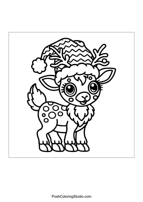 A happy reindeer with a fluffy hat and large eyes.