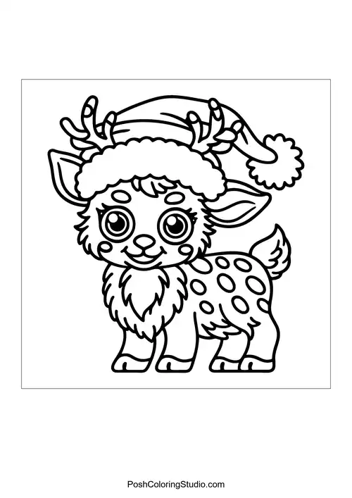 A reindeer wearing a striped hat with a pom-pom.
