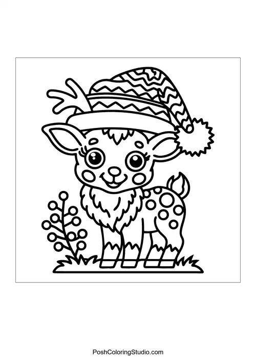A reindeer with a festive hat and large, expressive eyes.