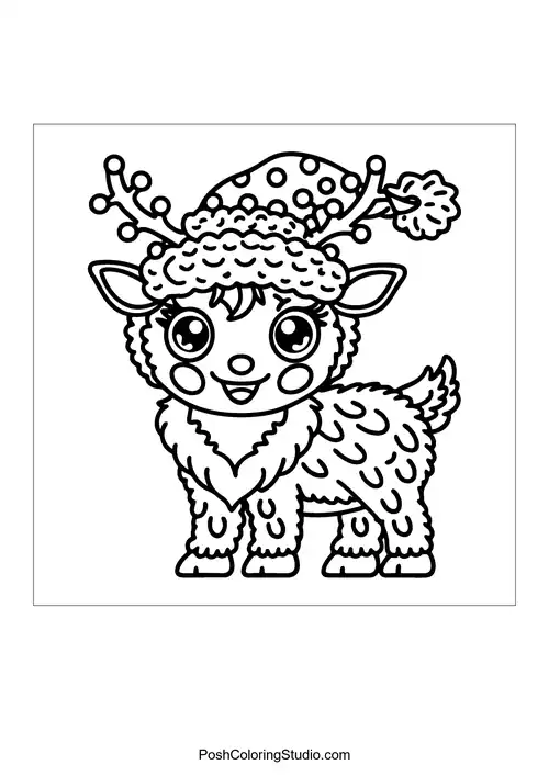 A smiling reindeer with a fluffy hat and antlers.