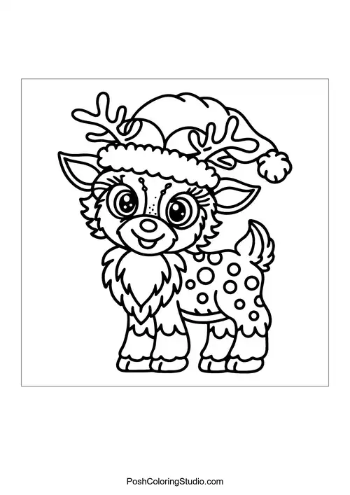 A reindeer standing among decorative foliage and a hat.