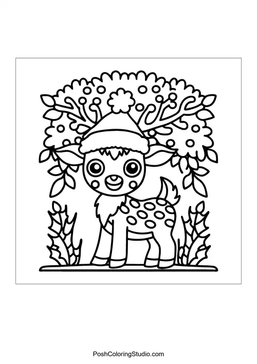 A reindeer with a festive hat and holly leaves.