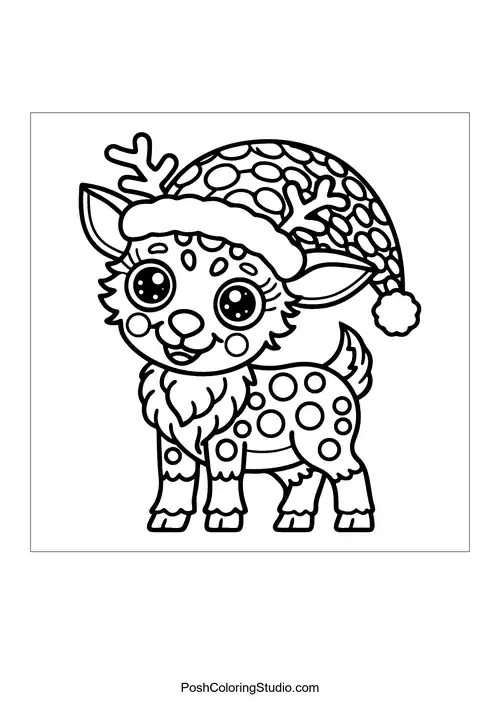 A reindeer wearing a cozy hat with a pom-pom.