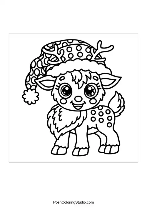 A reindeer with a festive hat and large antlers.