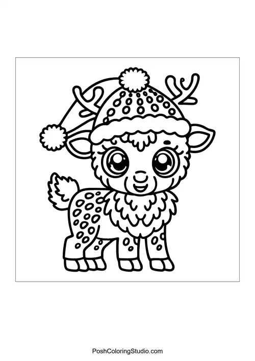 A reindeer with a patterned hat and a fluffy collar.