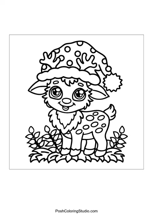 A reindeer wearing a cozy hat with a pom-pom.